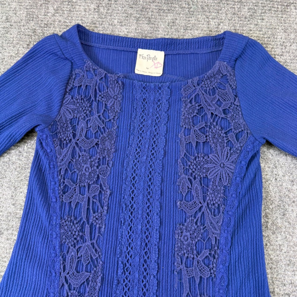 Free People Royal Blue Ribbed Knit Lace Panel‎ Dress Small cottage cor whimsical - Picture 7 of 16
